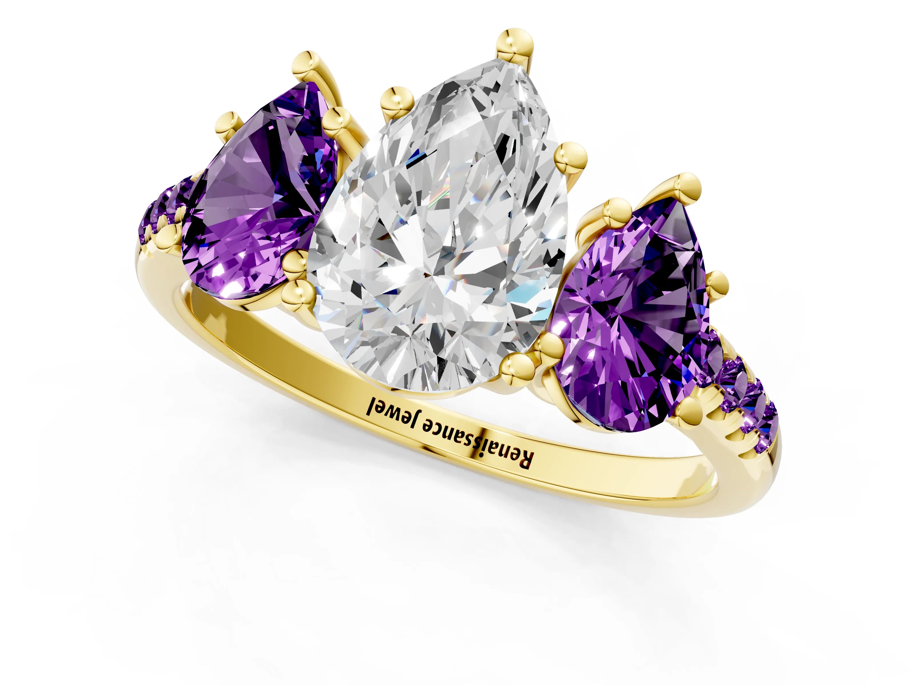 Yellow gold Three-Stone Pear Cut Diamond Ring with Round with Amethyst side stone Pavé Band and Prong Setting_1