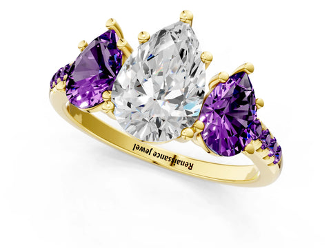 Yellow gold Three-Stone Pear Cut Diamond Ring with Round with Amethyst side stone Pavé Band and Prong Setting_1