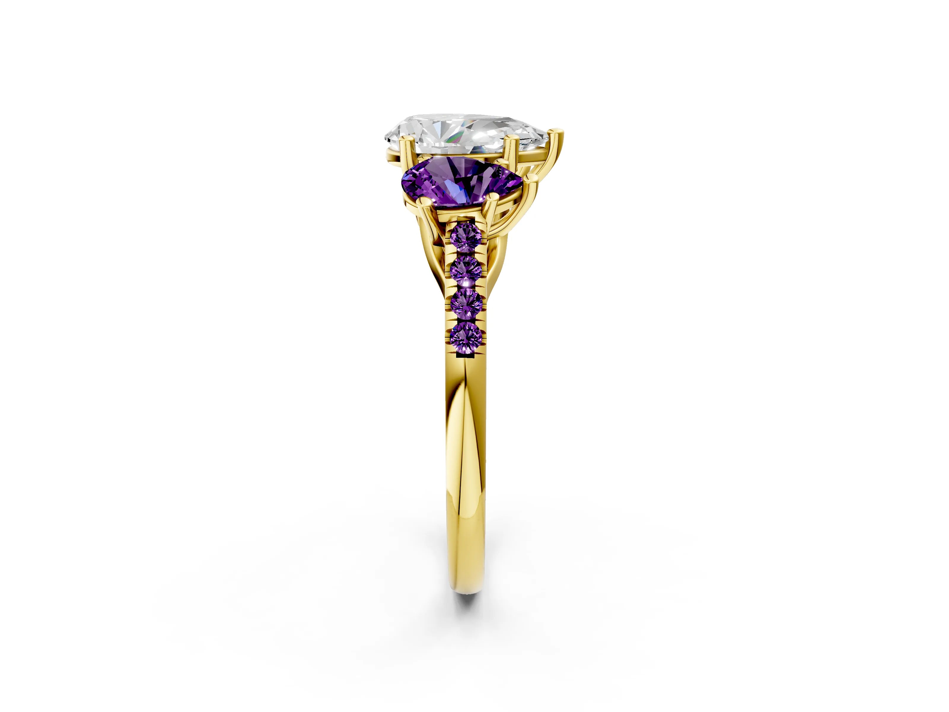 Yellow gold Three-Stone Pear Cut Diamond Ring with Round with Amethyst side stone Pavé Band and Prong Setting_2