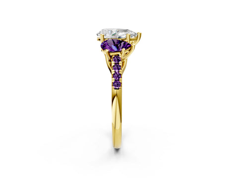 Yellow gold Three-Stone Pear Cut Diamond Ring with Round with Amethyst side stone Pavé Band and Prong Setting_2
