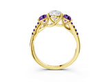 Yellow gold Three-Stone Pear Cut Diamond Ring with Round with Amethyst side stone Pavé Band and Prong Setting_3