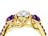 Yellow gold Three-Stone Pear Cut Diamond Ring with Round with Amethyst side stone Pavé Band and Prong Setting_4