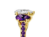 Yellow gold Three-Stone Pear Cut Diamond Ring with Round with Amethyst side stone Pavé Band and Prong Setting_5