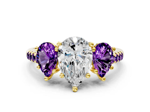 Yellow gold Three-Stone Pear Cut Diamond Ring with Round with Amethyst side stone Pavé Band and Prong Setting