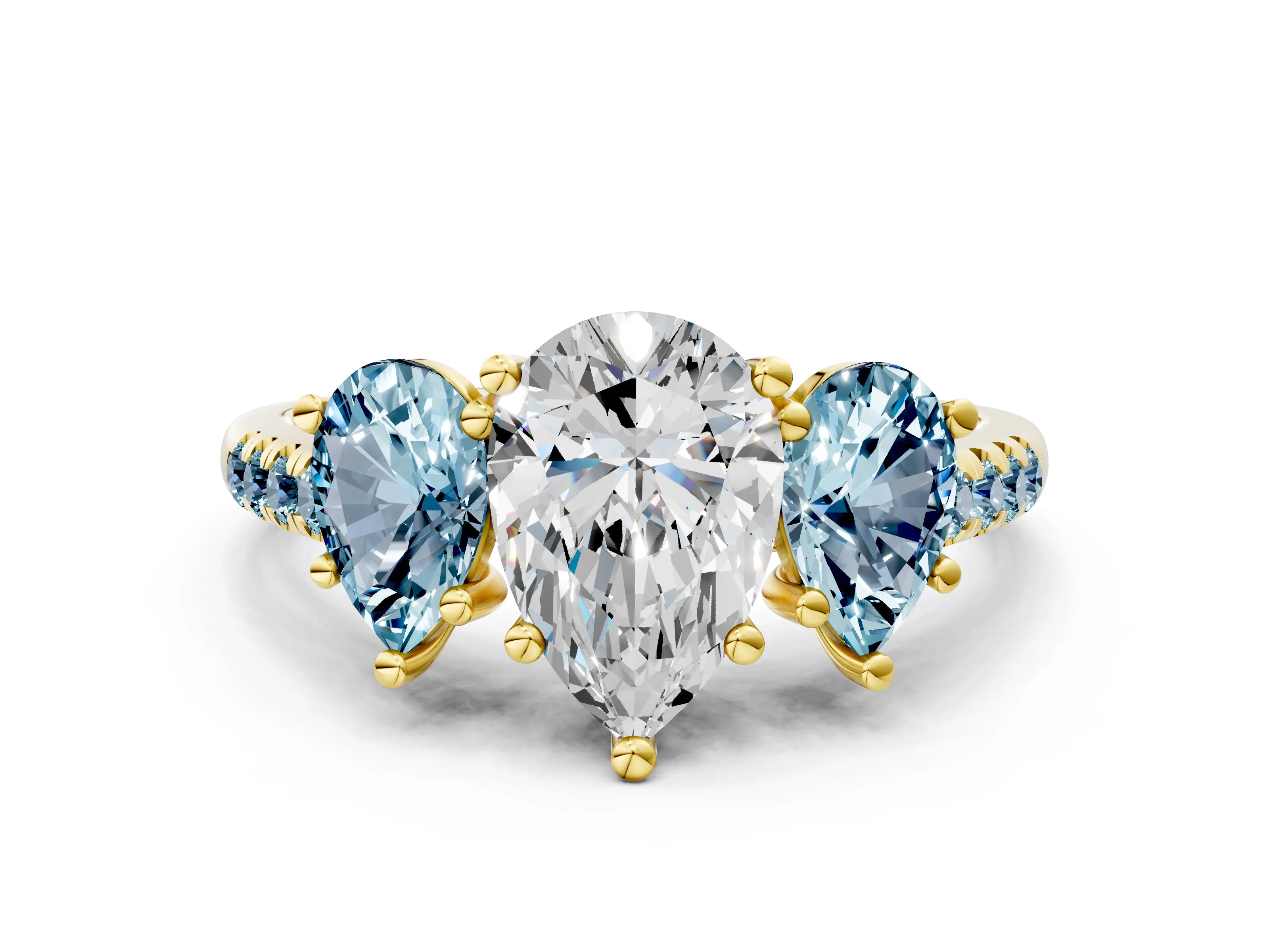 Yellow gold Three-Stone Pear Cut Diamond Ring with Round with Aquamarine side stone Pavé Band and Prong Setting