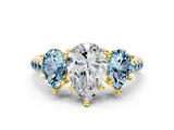 Yellow gold Three-Stone Pear Cut Diamond Ring with Round with Aquamarine side stone Pavé Band and Prong Setting