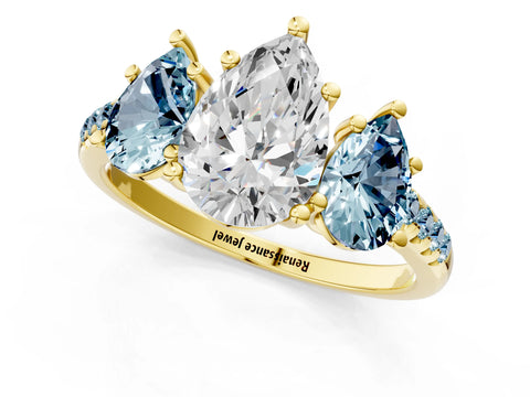 Yellow gold Three-Stone Pear Cut Diamond Ring with Round with Aquamarine side stone Pavé Band and Prong Setting_1