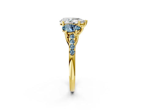 Yellow gold Three-Stone Pear Cut Diamond Ring with Round with Aquamarine side stone Pavé Band and Prong Setting_2