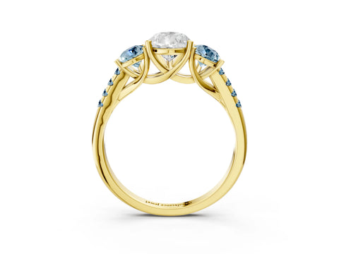 Yellow gold Three-Stone Pear Cut Diamond Ring with Round with Aquamarine side stone Pavé Band and Prong Setting_3