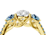 Yellow gold Three-Stone Pear Cut Diamond Ring with Round with Aquamarine side stone Pavé Band and Prong Setting_4