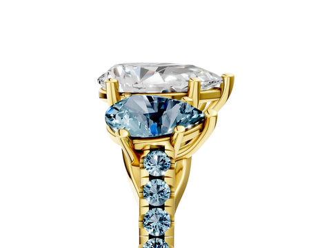 Yellow gold Three-Stone Pear Cut Diamond Ring with Round with Aquamarine side stone Pavé Band and Prong Setting_5