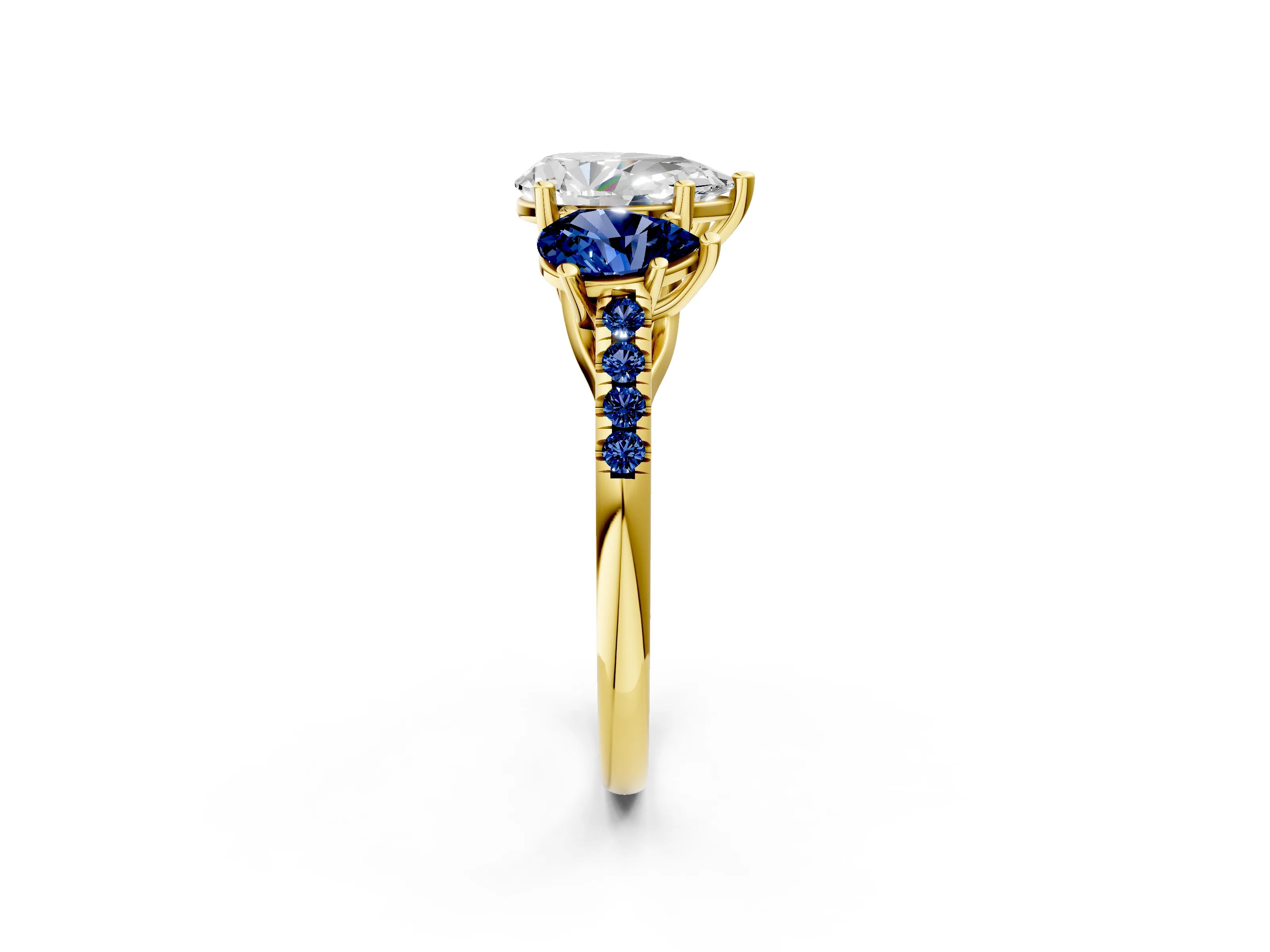 Yellow gold Three-Stone Pear Cut Diamond Ring with Round with Blue Sapphire side stone Pavé Band and Prong Setting_2