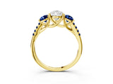 Yellow gold Three-Stone Pear Cut Diamond Ring with Round with Blue Sapphire side stone Pavé Band and Prong Setting_3