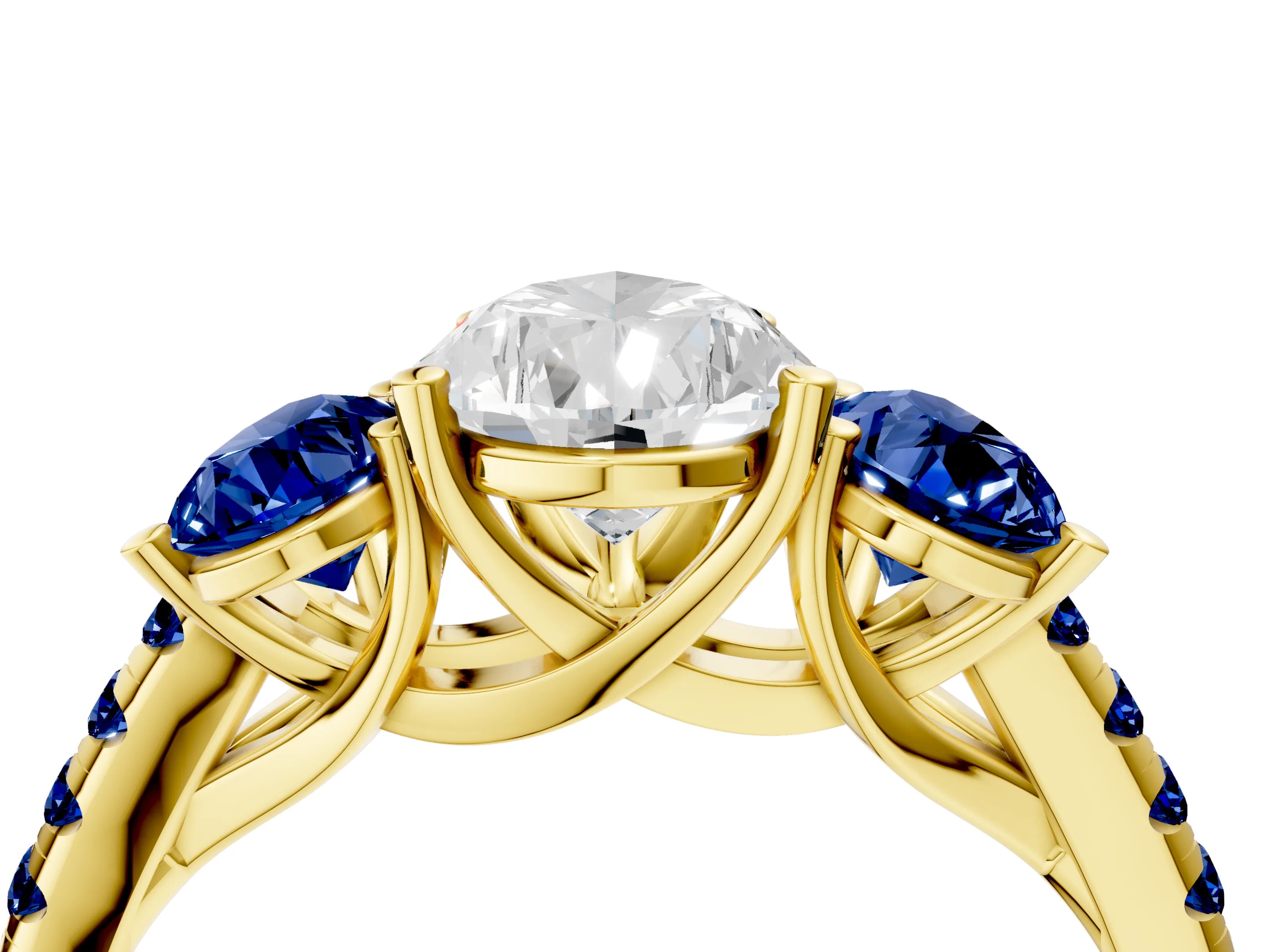 Yellow gold Three-Stone Pear Cut Diamond Ring with Round with Blue Sapphire side stone Pavé Band and Prong Setting_4