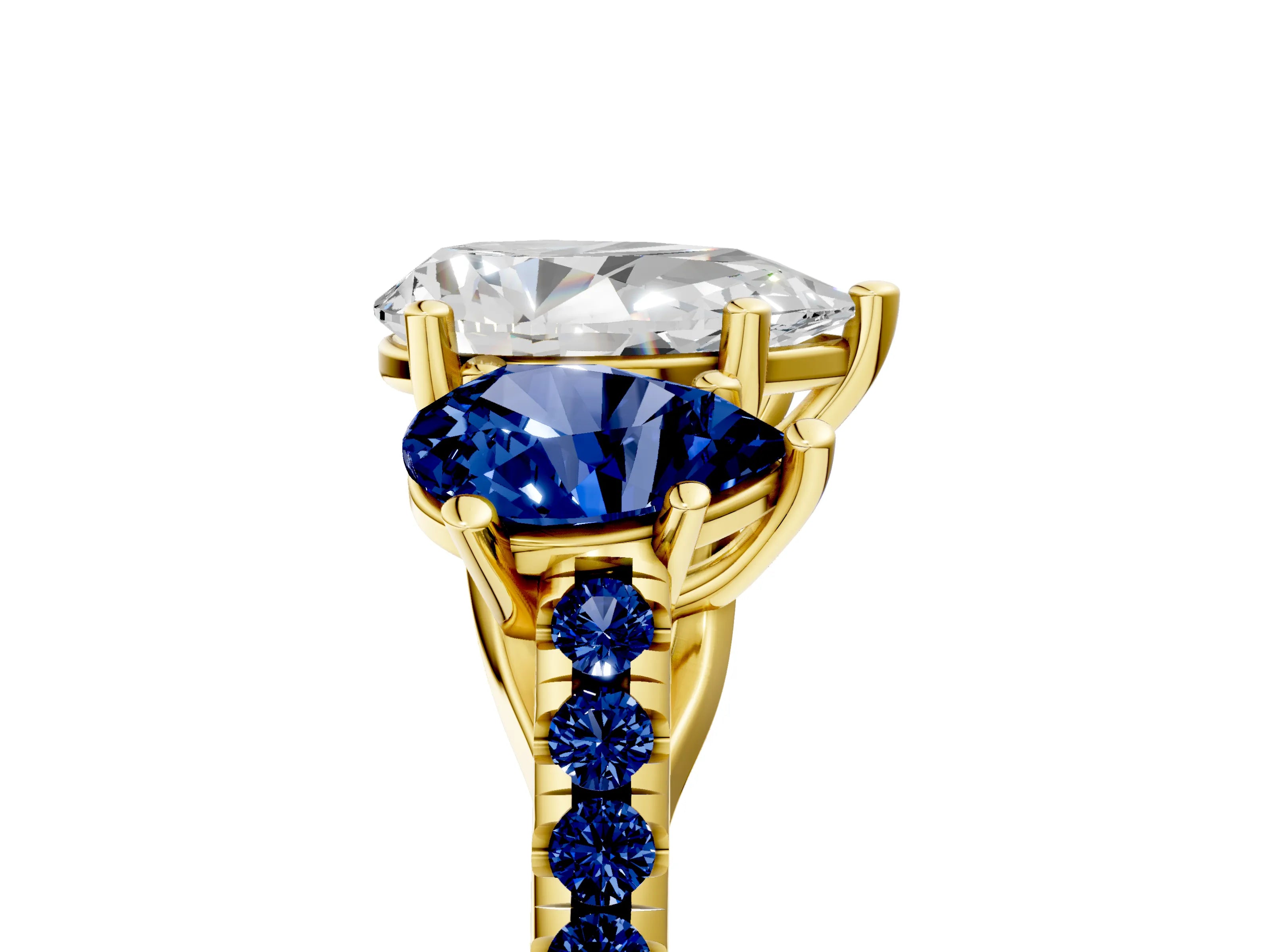 Yellow gold Three-Stone Pear Cut Diamond Ring with Round with Blue Sapphire side stone Pavé Band and Prong Setting_5