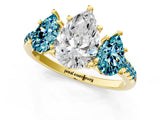 Yellow gold Three-Stone Pear Cut Diamond Ring with Round with Blue Topaz side stone Pavé Band and Prong Setting_1