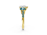 Yellow gold Three-Stone Pear Cut Diamond Ring with Round with Blue Topaz side stone Pavé Band and Prong Setting_2
