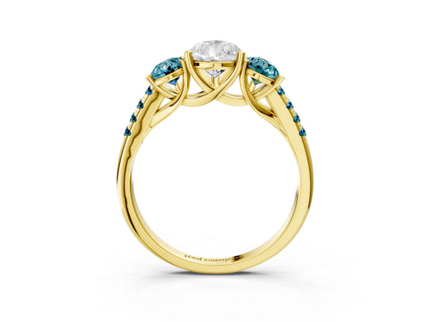Yellow gold Three-Stone Pear Cut Diamond Ring with Round with Blue Topaz side stone Pavé Band and Prong Setting_3
