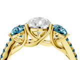 Yellow gold Three-Stone Pear Cut Diamond Ring with Round with Blue Topaz side stone Pavé Band and Prong Setting_4