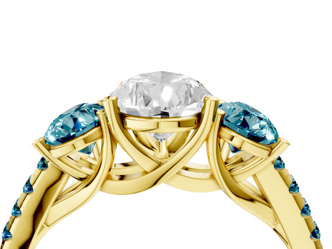 Yellow gold Three-Stone Pear Cut Diamond Ring with Round with Blue Topaz side stone Pavé Band and Prong Setting_4