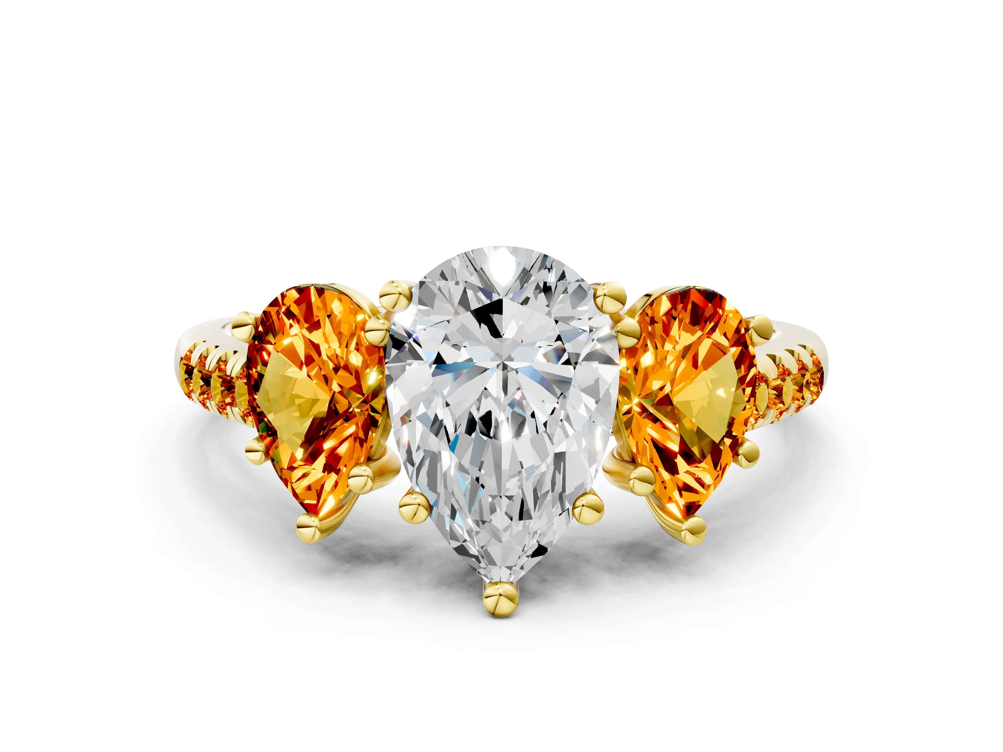 Yellow gold Three-Stone Pear Cut Diamond Ring with Round with Citrine side stone Pavé Band and Prong Setting