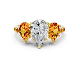 Yellow gold Three-Stone Pear Cut Diamond Ring with Round with Citrine side stone Pavé Band and Prong Setting