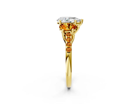 Yellow gold Three-Stone Pear Cut Diamond Ring with Round with Citrine side stone Pavé Band and Prong Setting_2