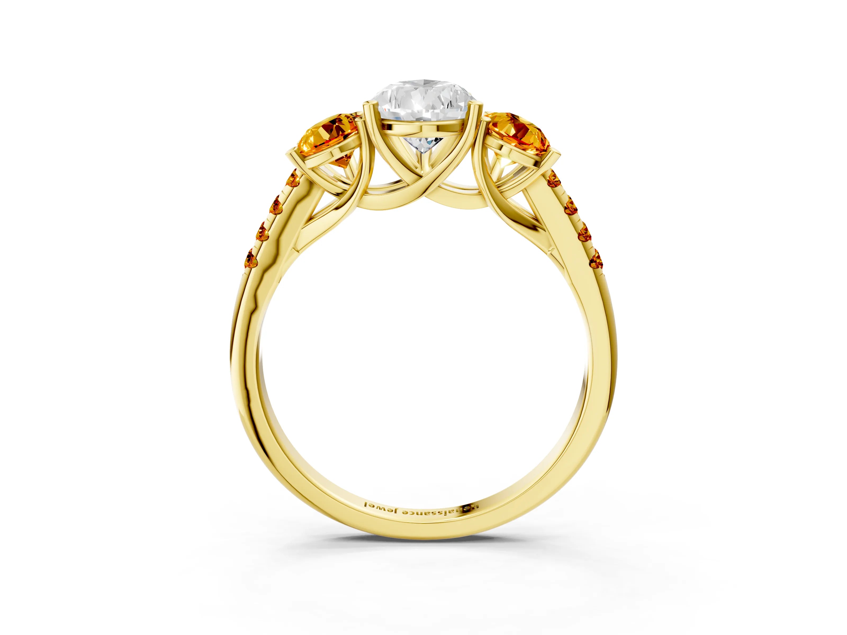 Yellow gold Three-Stone Pear Cut Diamond Ring with Round with Citrine side stone Pavé Band and Prong Setting_3