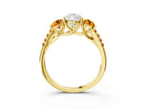 Yellow gold Three-Stone Pear Cut Diamond Ring with Round with Citrine side stone Pavé Band and Prong Setting_3