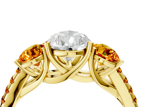 Yellow gold Three-Stone Pear Cut Diamond Ring with Round with Citrine side stone Pavé Band and Prong Setting_4