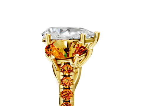 Yellow gold Three-Stone Pear Cut Diamond Ring with Round with Citrine side stone Pavé Band and Prong Setting_5