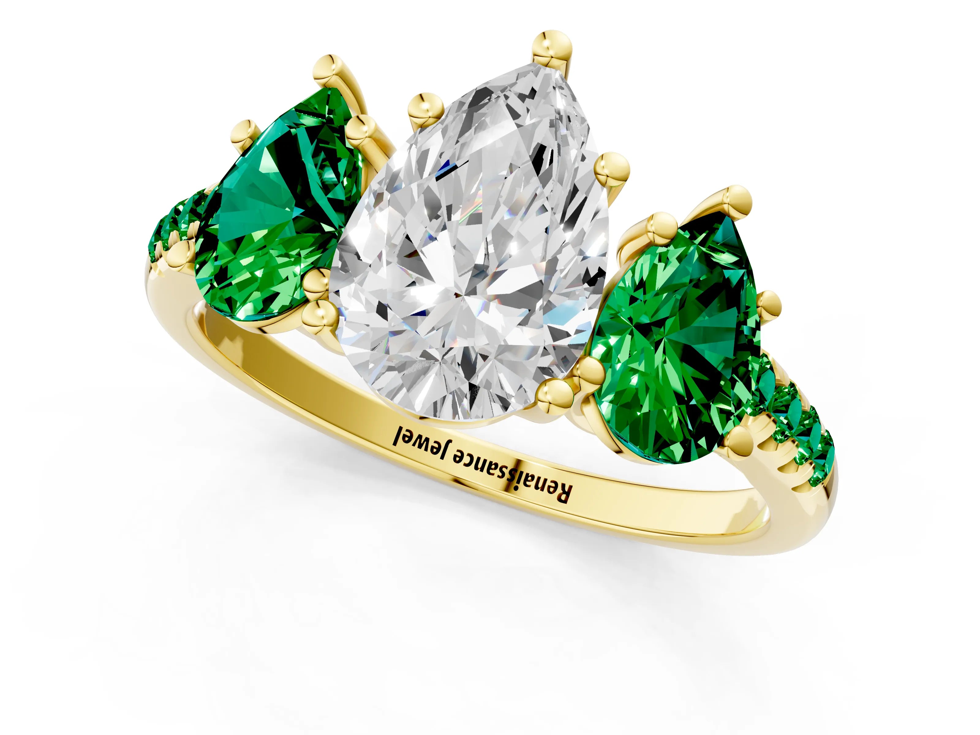 Yellow gold Three-Stone Pear Cut Diamond Ring with Round with Emerald side stone Pavé Band and Prong Setting_1