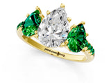 Yellow gold Three-Stone Pear Cut Diamond Ring with Round with Emerald side stone Pavé Band and Prong Setting_1
