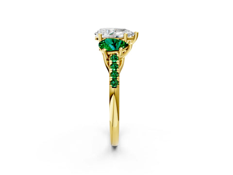 Yellow gold Three-Stone Pear Cut Diamond Ring with Round with Emerald side stone Pavé Band and Prong Setting_2