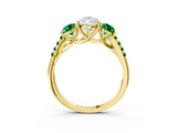 Yellow gold Three-Stone Pear Cut Diamond Ring with Round with Emerald side stone Pavé Band and Prong Setting_3