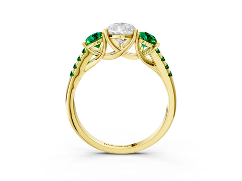 Yellow gold Three-Stone Pear Cut Diamond Ring with Round with Emerald side stone Pavé Band and Prong Setting_3