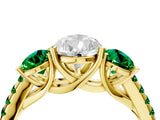 Yellow gold Three-Stone Pear Cut Diamond Ring with Round with Emerald side stone Pavé Band and Prong Setting_4