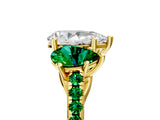 Yellow gold Three-Stone Pear Cut Diamond Ring with Round with Emerald side stone Pavé Band and Prong Setting_5