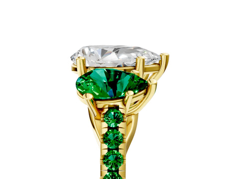 Yellow gold Three-Stone Pear Cut Diamond Ring with Round with Emerald side stone Pavé Band and Prong Setting_5