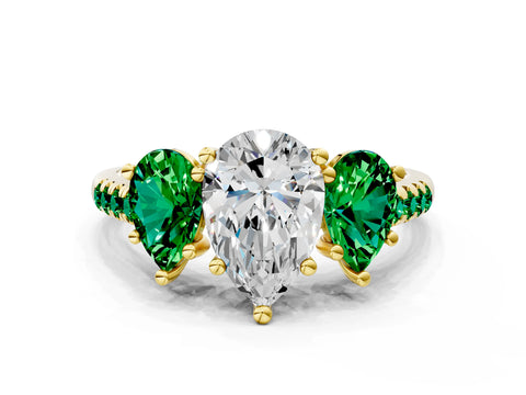 Yellow gold Three-Stone Pear Cut Diamond Ring with Round with Emerald side stone Pavé Band and Prong Setting