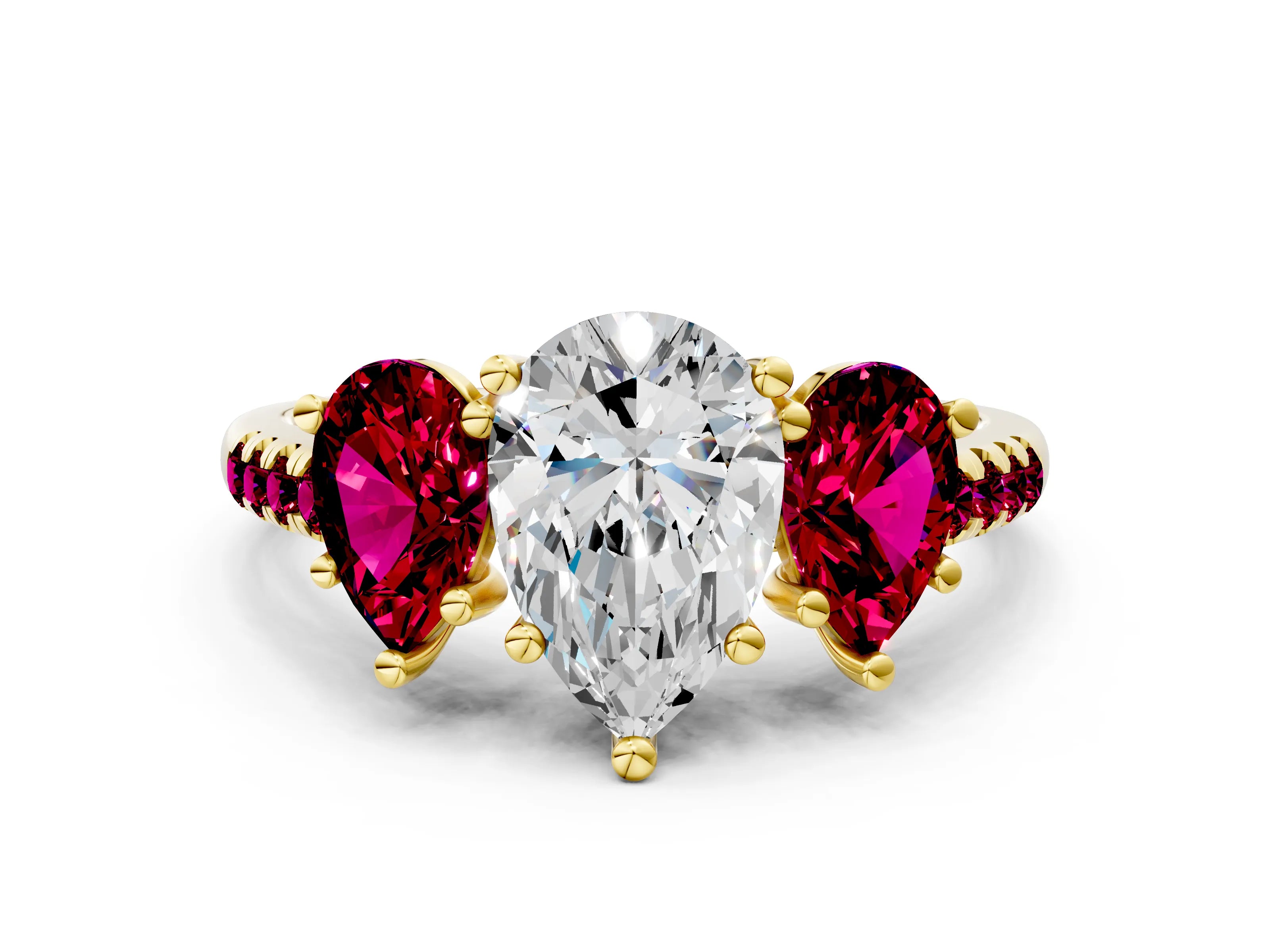 Yellow gold Three-Stone Pear Cut Diamond Ring with Round with Garnet side stone Pavé Band and Prong Setting