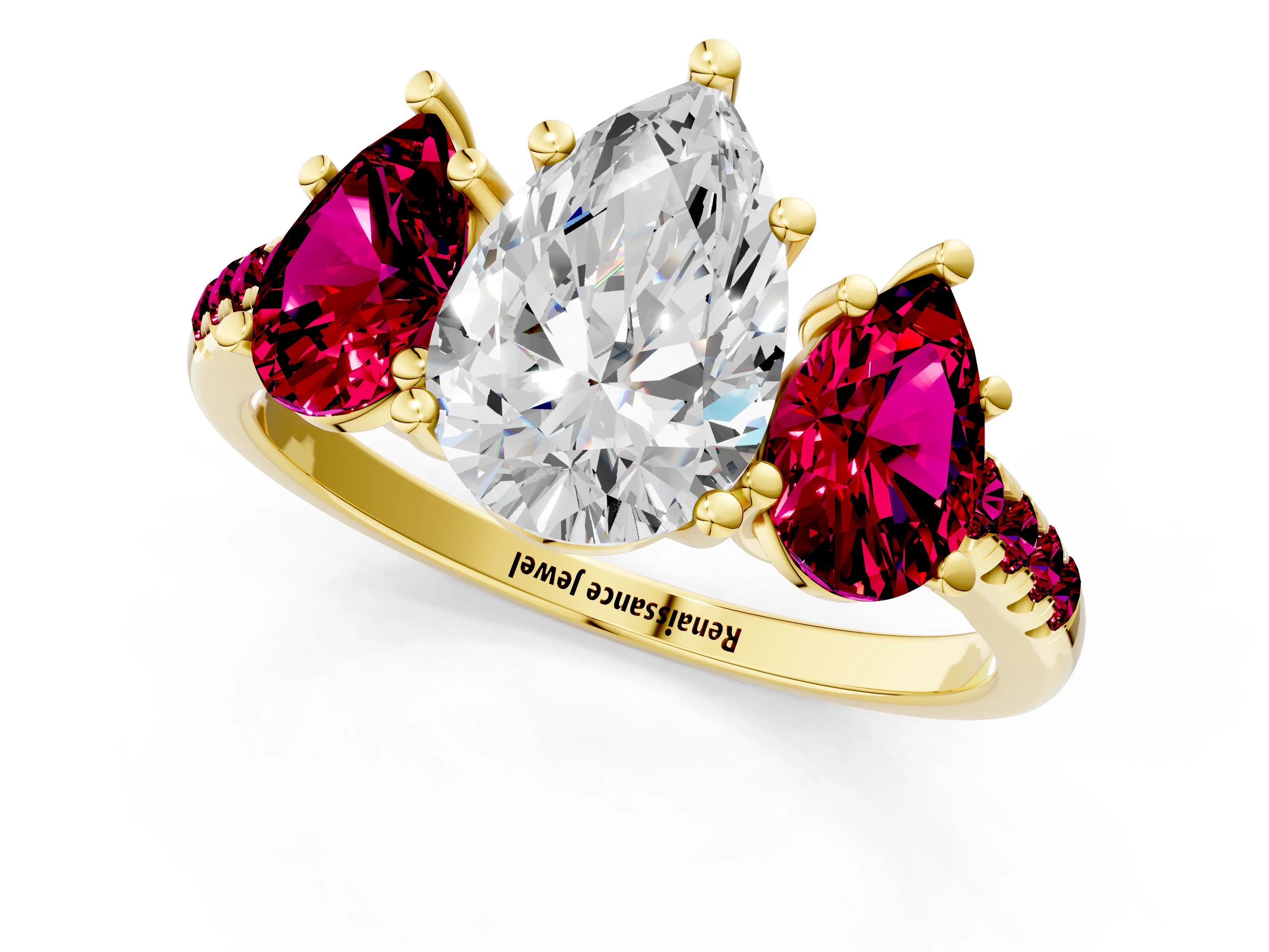 Yellow gold Three-Stone Pear Cut Diamond Ring with Round with Garnet side stone Pavé Band and Prong Setting_1