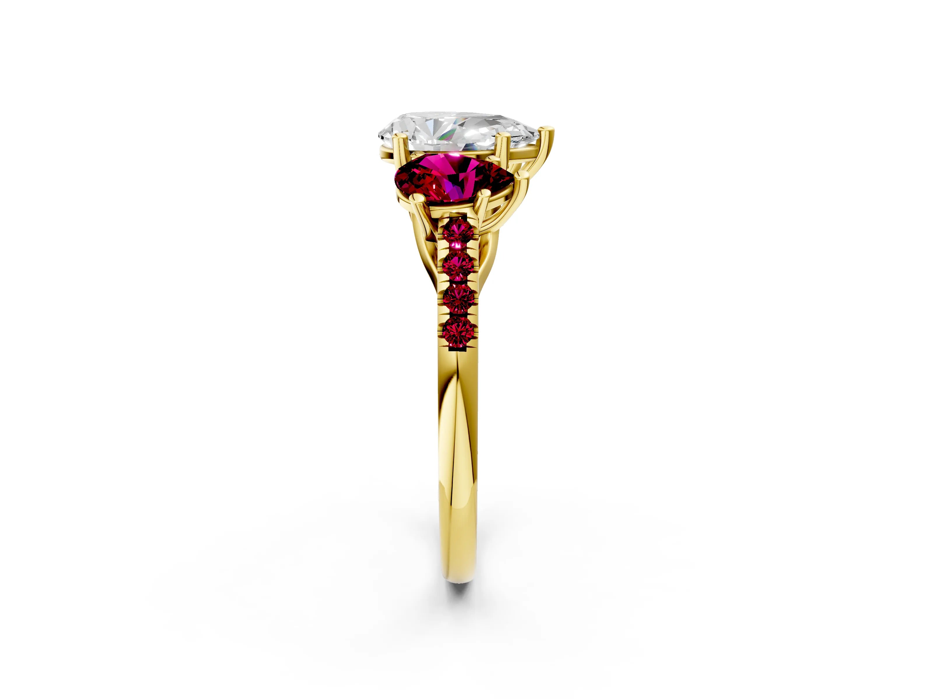 Yellow gold Three-Stone Pear Cut Diamond Ring with Round with Garnet side stone Pavé Band and Prong Setting_2
