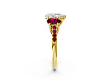 Yellow gold Three-Stone Pear Cut Diamond Ring with Round with Garnet side stone Pavé Band and Prong Setting_2