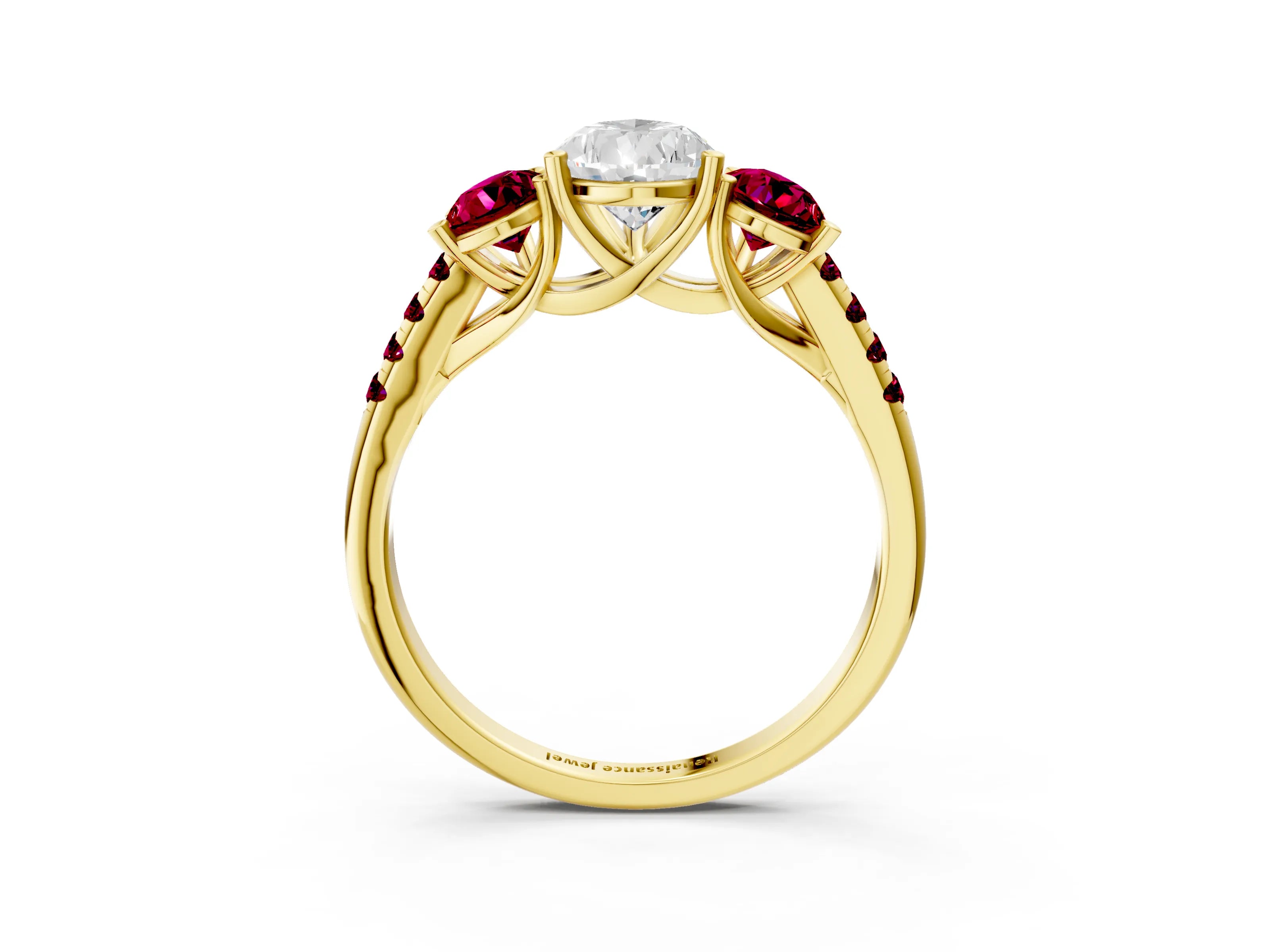 Yellow gold Three-Stone Pear Cut Diamond Ring with Round with Garnet side stone Pavé Band and Prong Setting_3