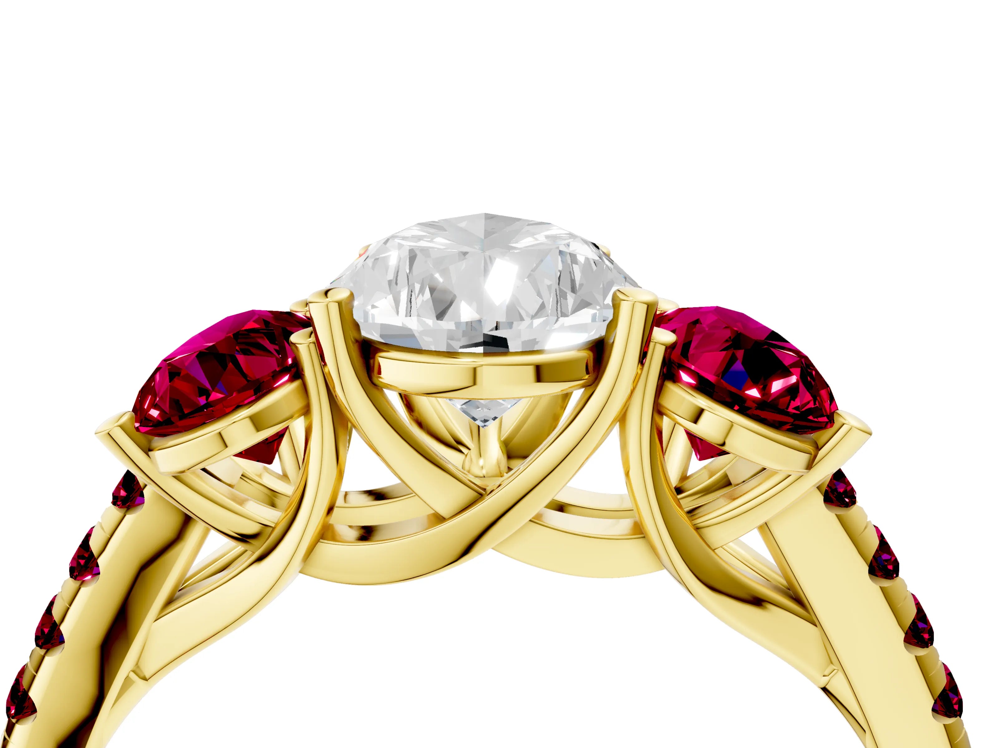 Yellow gold Three-Stone Pear Cut Diamond Ring with Round with Garnet side stone Pavé Band and Prong Setting_4