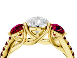 Yellow gold Three-Stone Pear Cut Diamond Ring with Round with Garnet side stone Pavé Band and Prong Setting_4