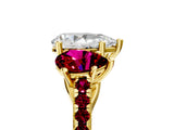 Yellow gold Three-Stone Pear Cut Diamond Ring with Round with Garnet side stone Pavé Band and Prong Setting_5