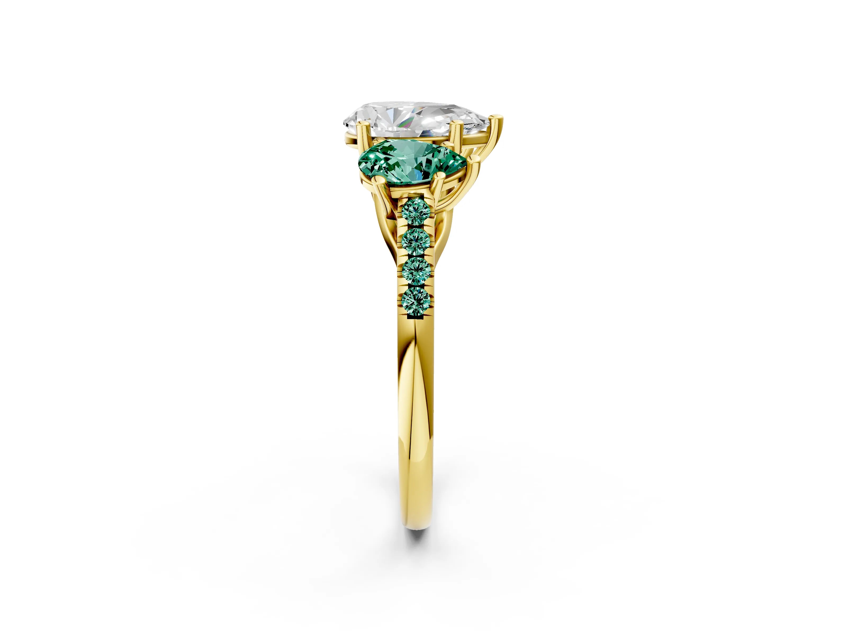 Yellow gold Three-Stone Pear Cut Diamond Ring with Round with Green Sapphire side stone Pavé Band and Prong Setting_2