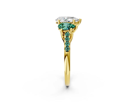 Yellow gold Three-Stone Pear Cut Diamond Ring with Round with Green Sapphire side stone Pavé Band and Prong Setting_2